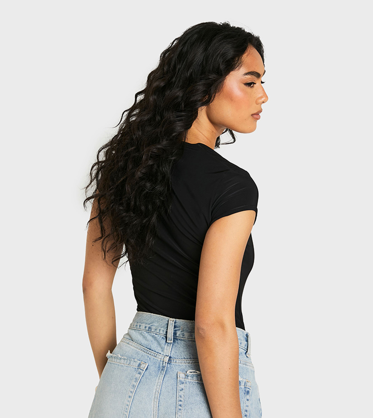 Double Layer Slinky Square Neck Cap Sleeves Bodysuit Top