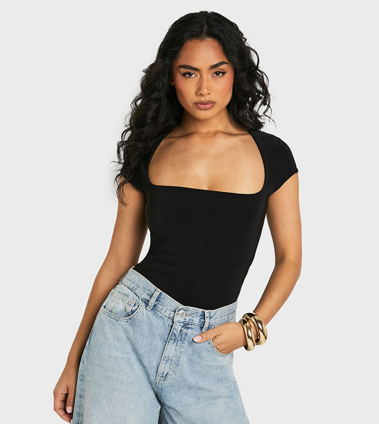 Double Layer Slinky Square Neck Cap Sleeves Bodysuit Top