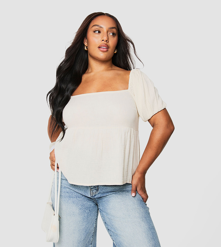 Curve Cheesecloth Puff Sleeves Shirred Crop Top
