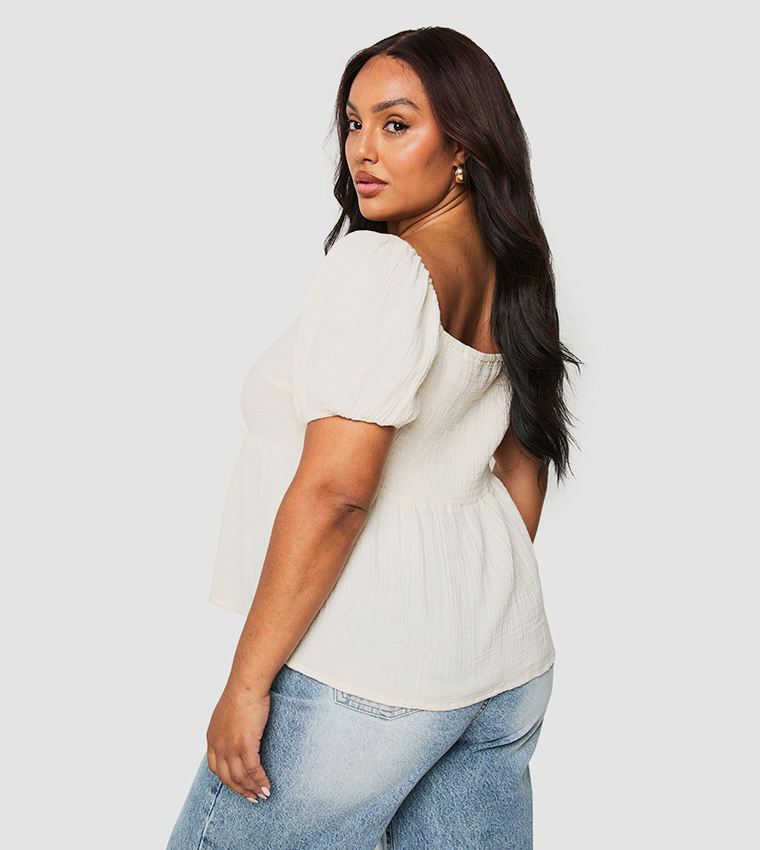 Curve Cheesecloth Puff Sleeves Shirred Crop Top