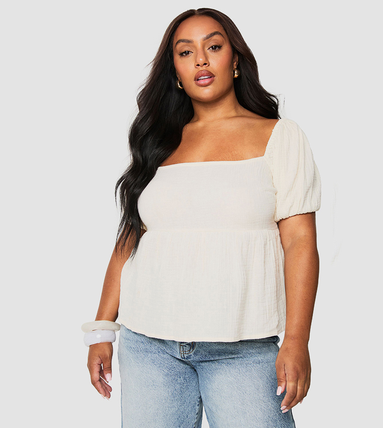 Curve Cheesecloth Puff Sleeves Shirred Crop Top
