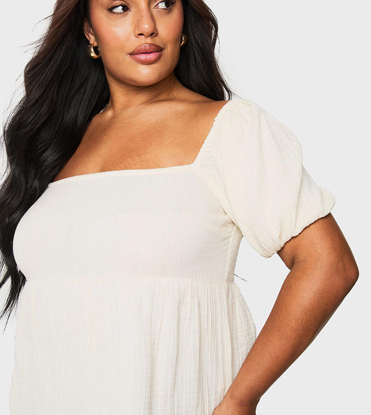 Curve Cheesecloth Puff Sleeves Shirred Crop Top