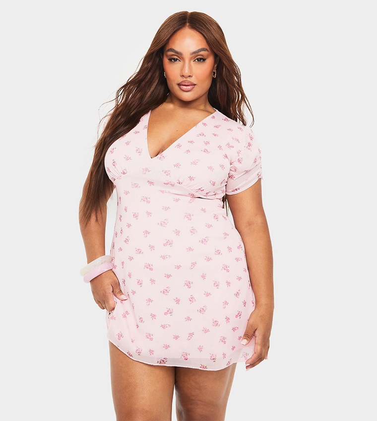 Curve Mesh Ditsy Printed Short Sleeves Sundress