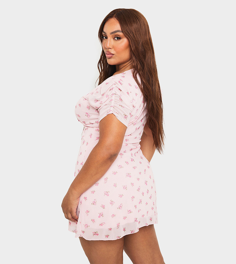 Curve Mesh Ditsy Printed Short Sleeves Sundress