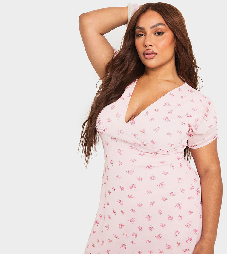 Curve Mesh Ditsy Printed Short Sleeves Sundress