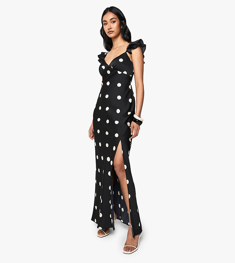 Polka Dot Satin Frill Sleeves Split Maxi Dress