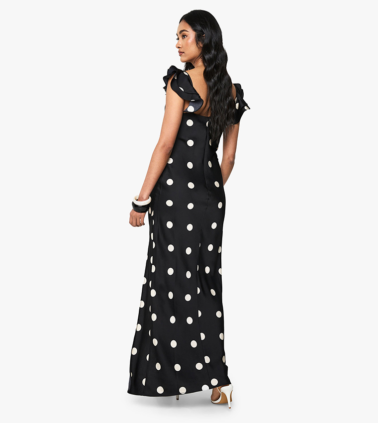Polka Dot Satin Frill Sleeves Split Maxi Dress