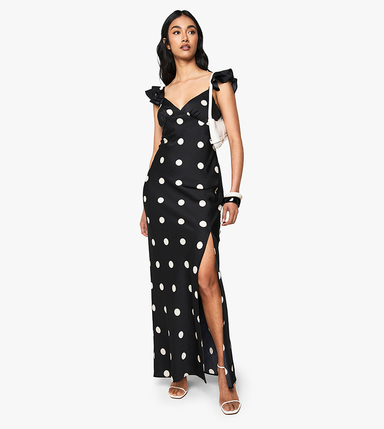 Polka Dot Satin Frill Sleeves Split Maxi Dress