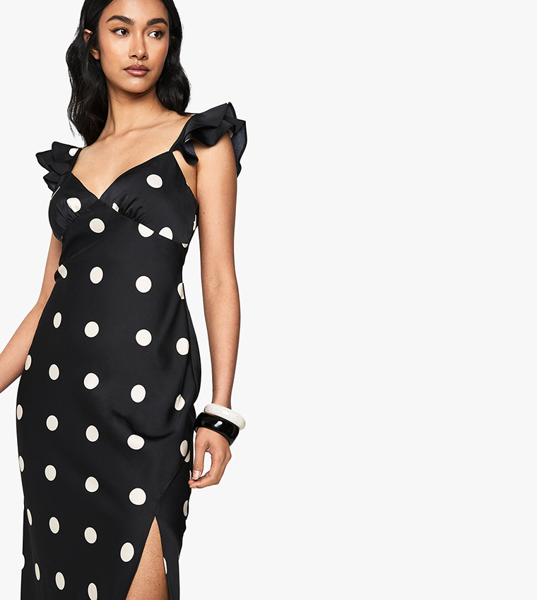 Polka Dot Satin Frill Sleeves Split Maxi Dress