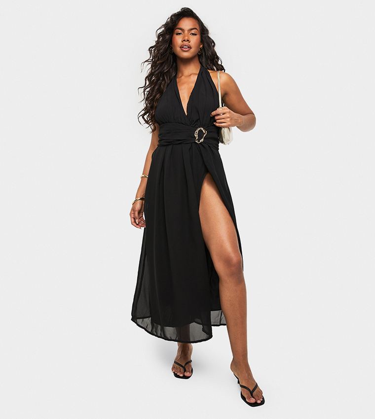 Petite Halterneck Thigh Split Maxi Dress