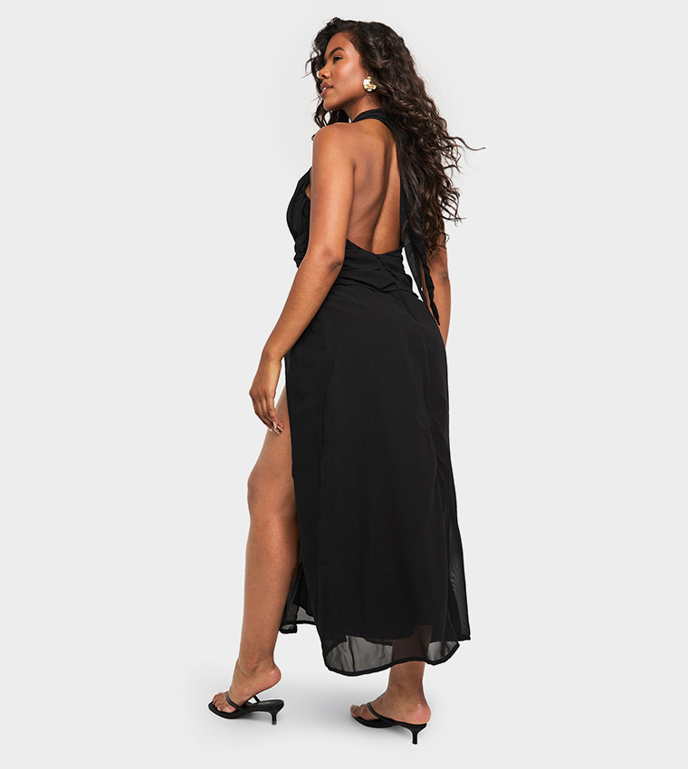 Petite Halterneck Thigh Split Maxi Dress