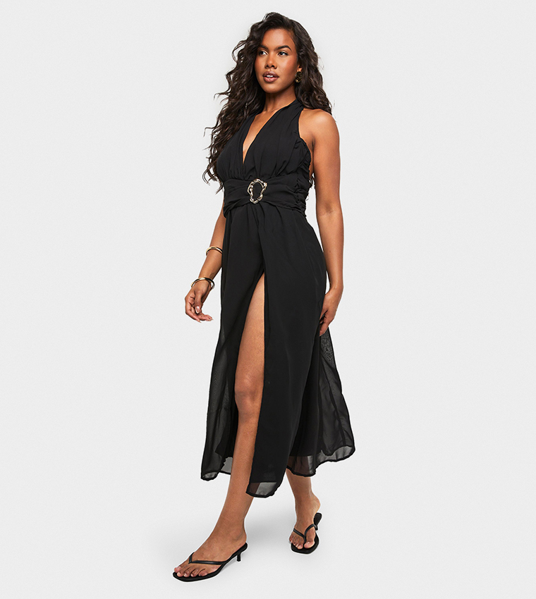 Petite Halterneck Thigh Split Maxi Dress