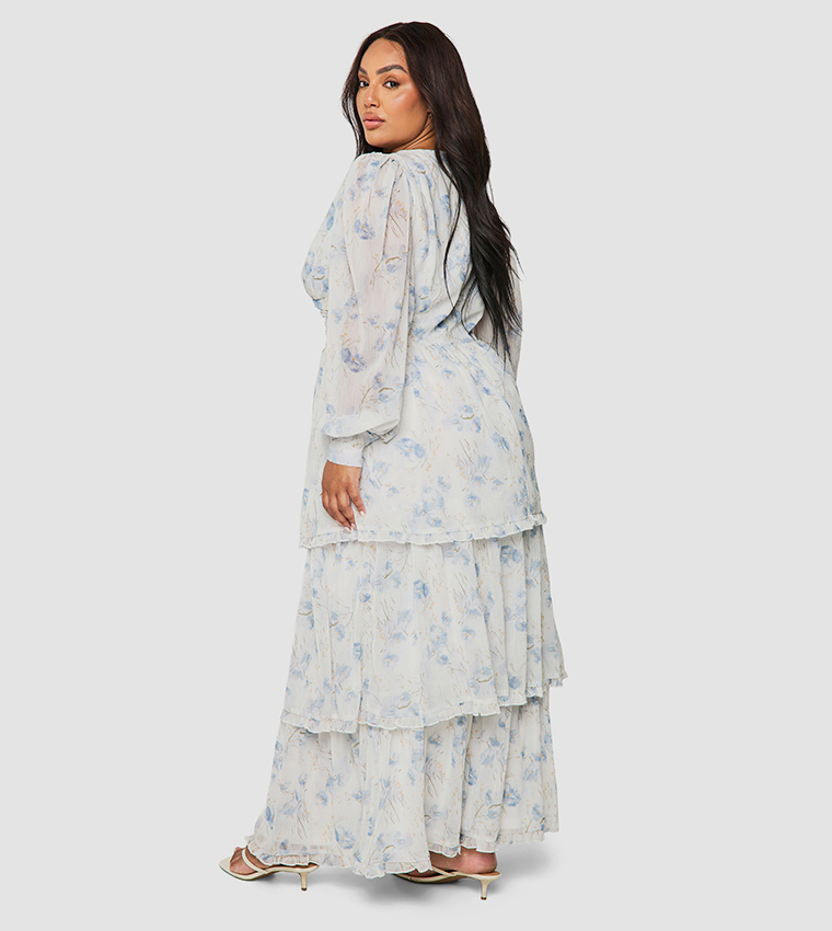Curve Floral Chiffon Tiered Ruched Maxi Dress