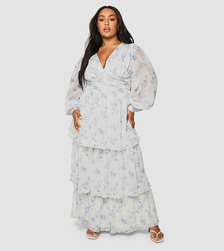 Curve Floral Chiffon Tiered Ruched Maxi Dress
