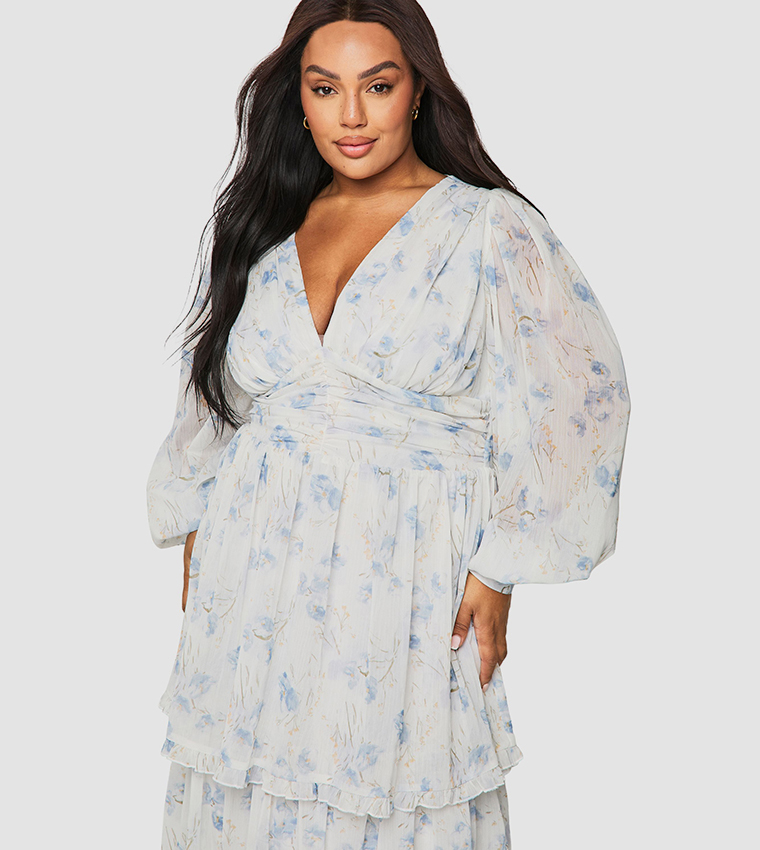 Curve Floral Chiffon Tiered Ruched Maxi Dress