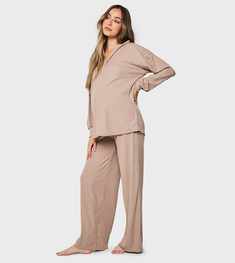 Brushed Ribbed Collared Maternity Pajama Set