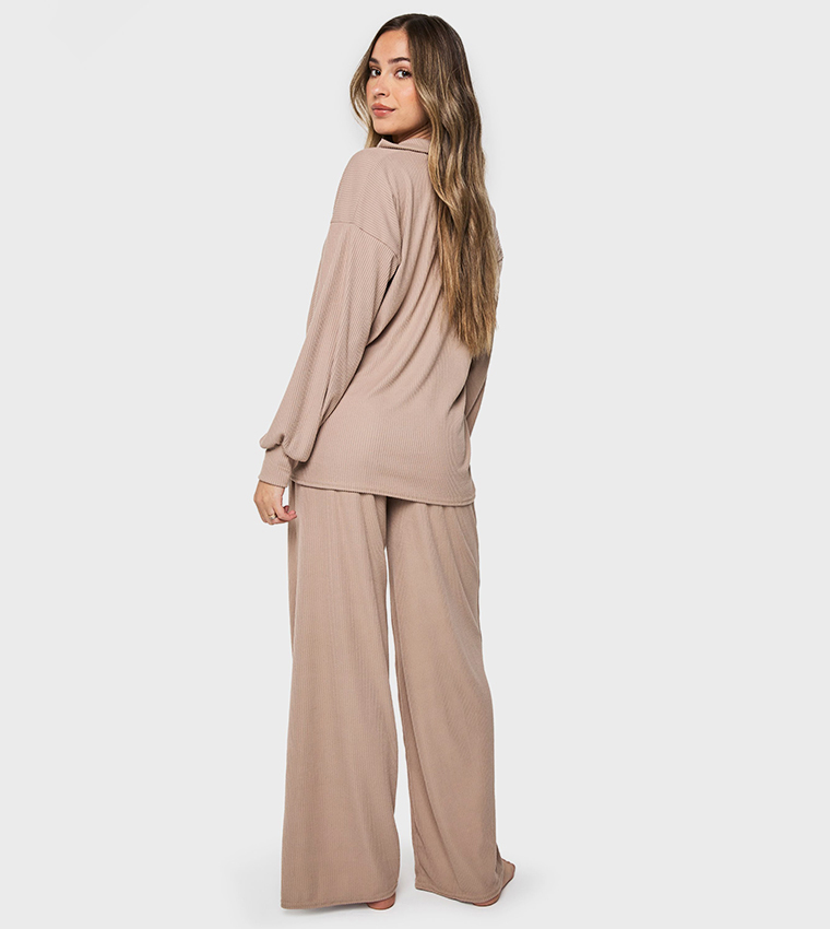 Brushed Ribbed Collared Maternity Pajama Set