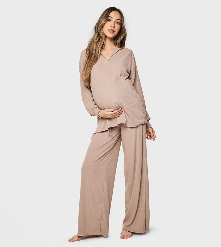 Brushed Ribbed Collared Maternity Pajama Set