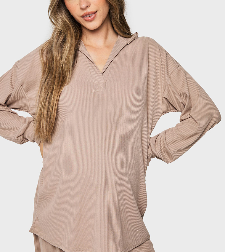 Brushed Ribbed Collared Maternity Pajama Set