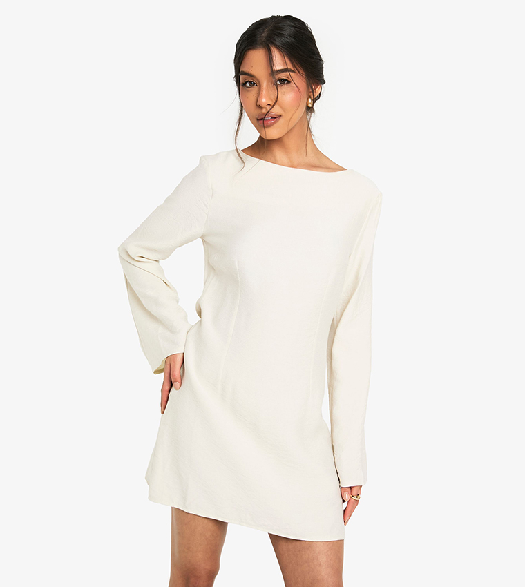 Linen Long Sleeves Slash Neck Mini Dress