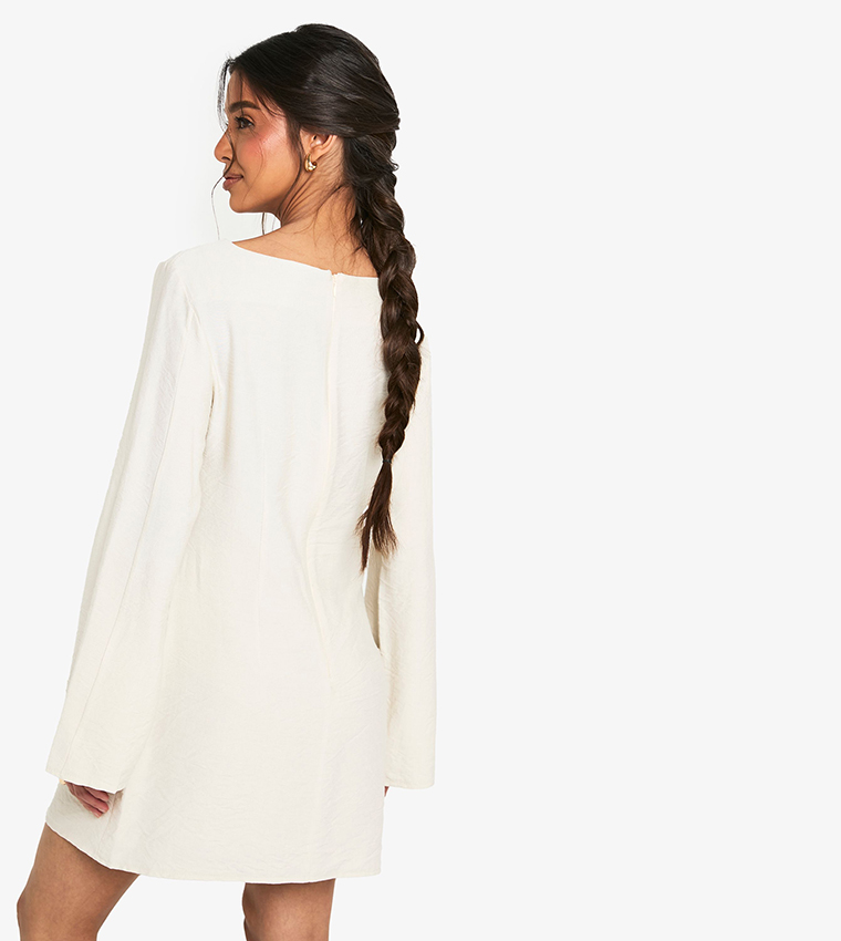 Linen Long Sleeves Slash Neck Mini Dress