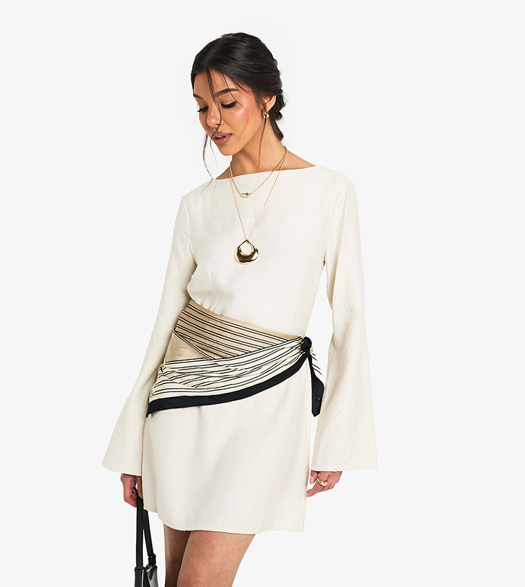 Linen Long Sleeves Slash Neck Mini Dress
