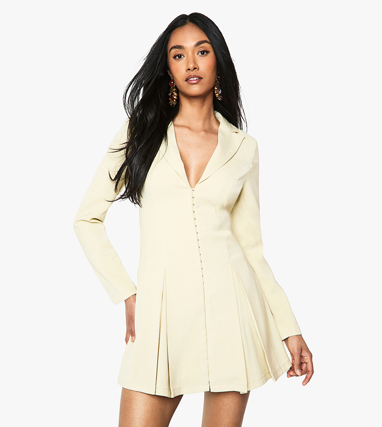 Tailored Hook & Eye Detail Cinched Waist Blazer Dress