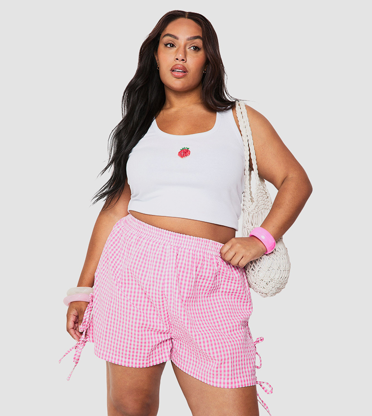 Buy Boohoo Curve Gingham Bow Side Flippy Shorts In Pink