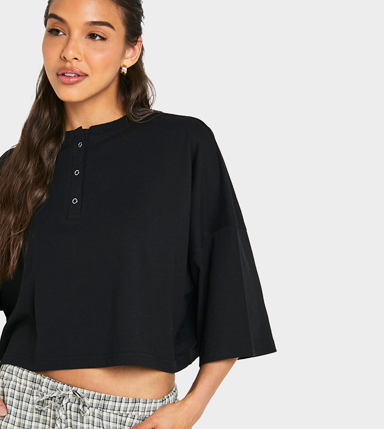Henley Neck Boxy Crop T-Shirt