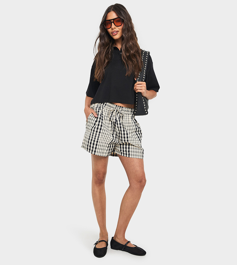 Solid Boxy Fit Crop Polo T-Shirt
