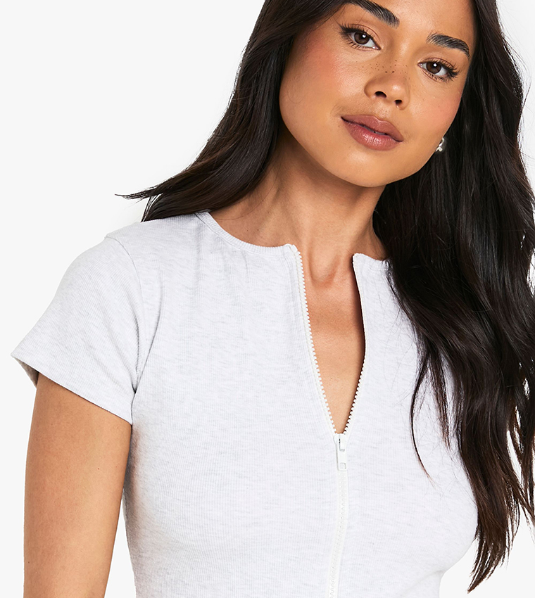 Rib Double Zip Through Short Sleeves Top