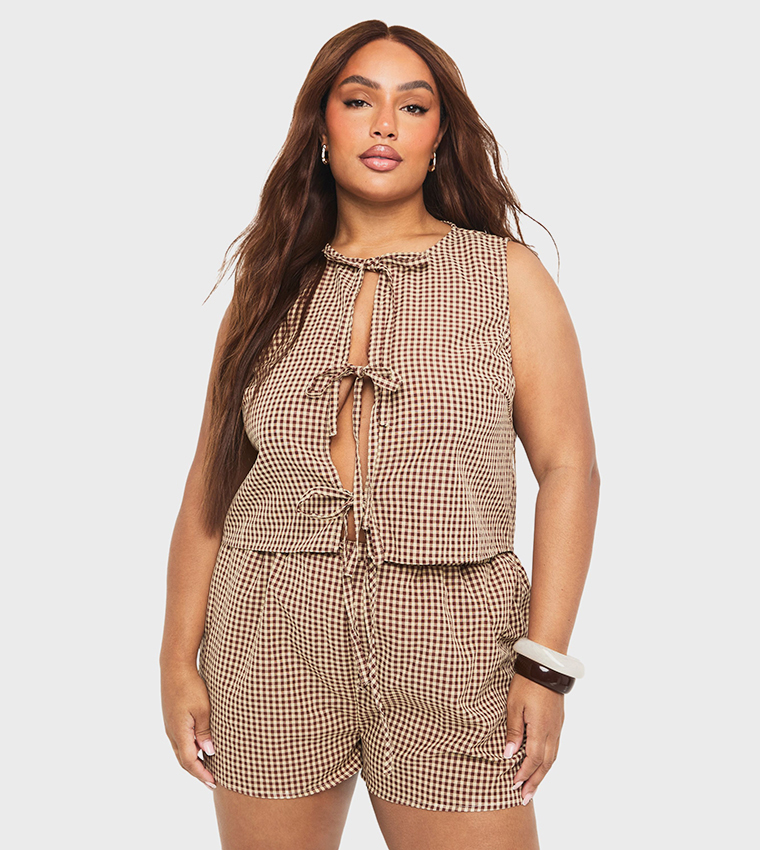 Curve Plaid Tie Front Top