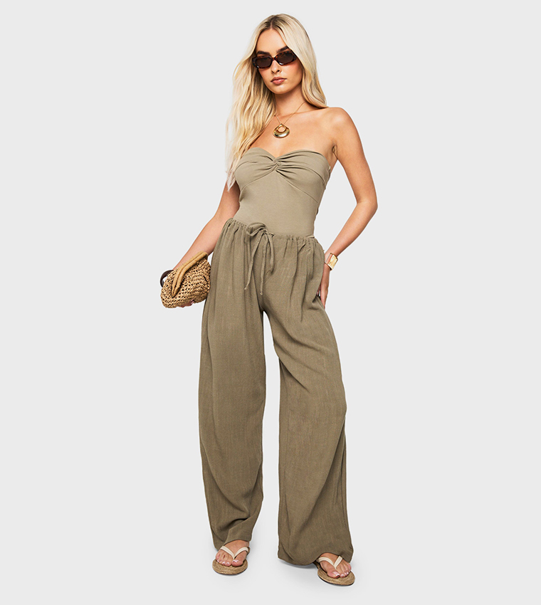 Linen Look Pocket Detail Wide Leg Trousers