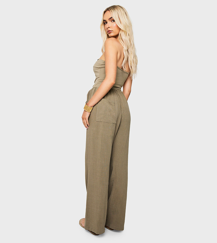 Linen Look Pocket Detail Wide Leg Trousers