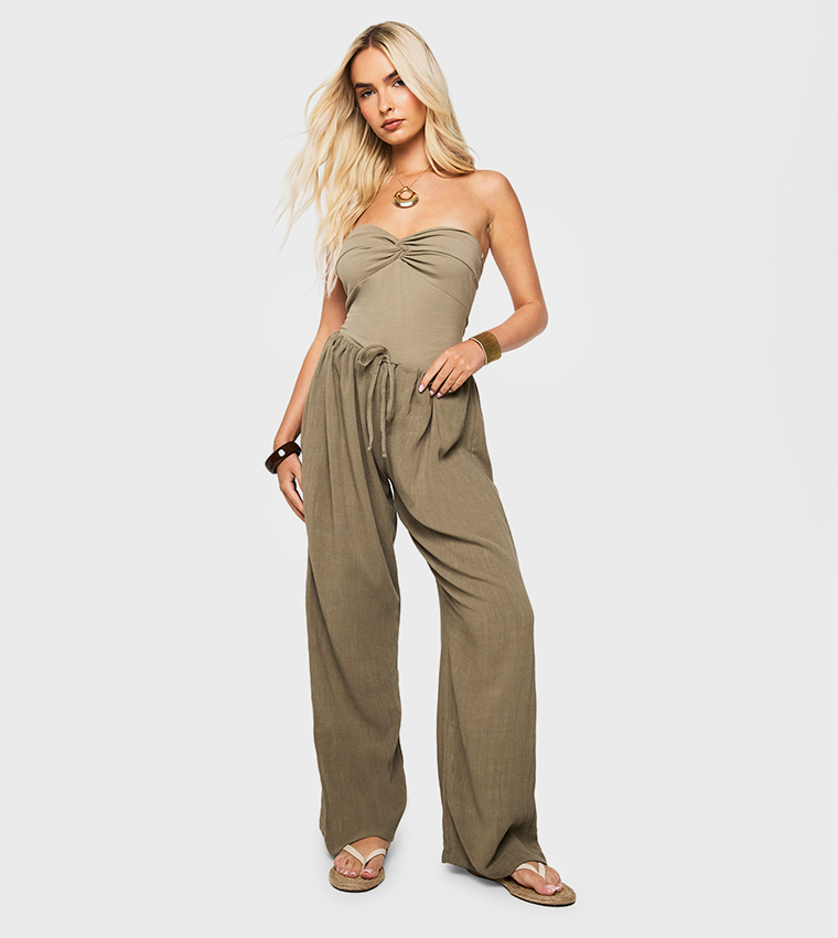 Linen Look Pocket Detail Wide Leg Trousers