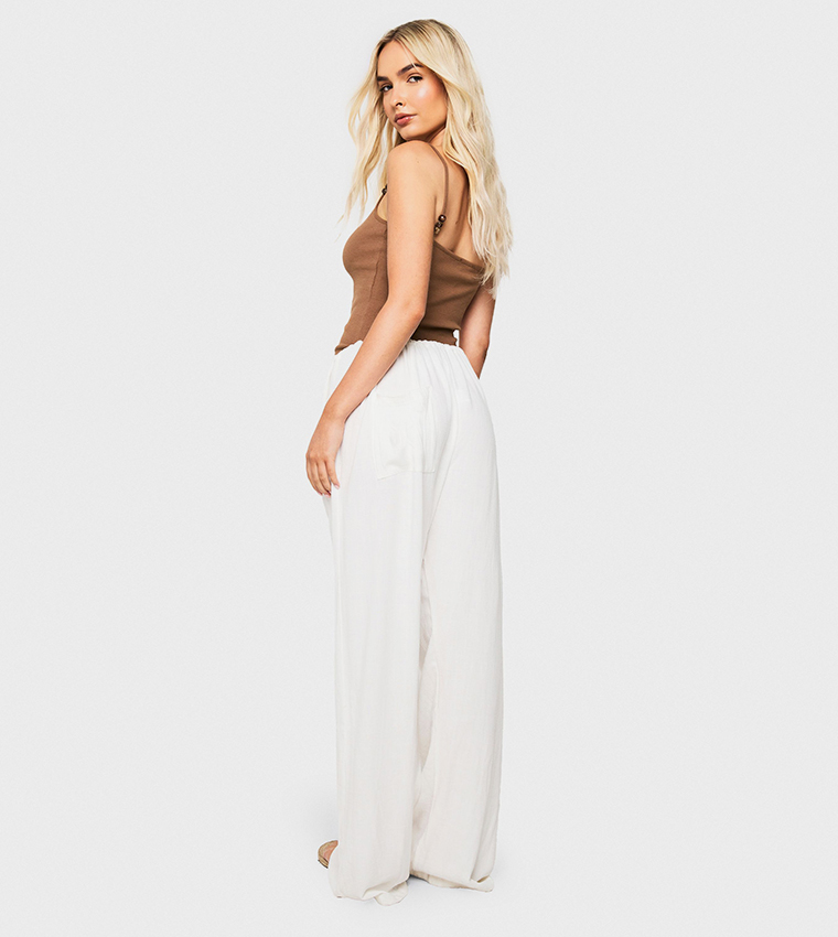 Linen Look Pocket Detail Wide Leg Trousers