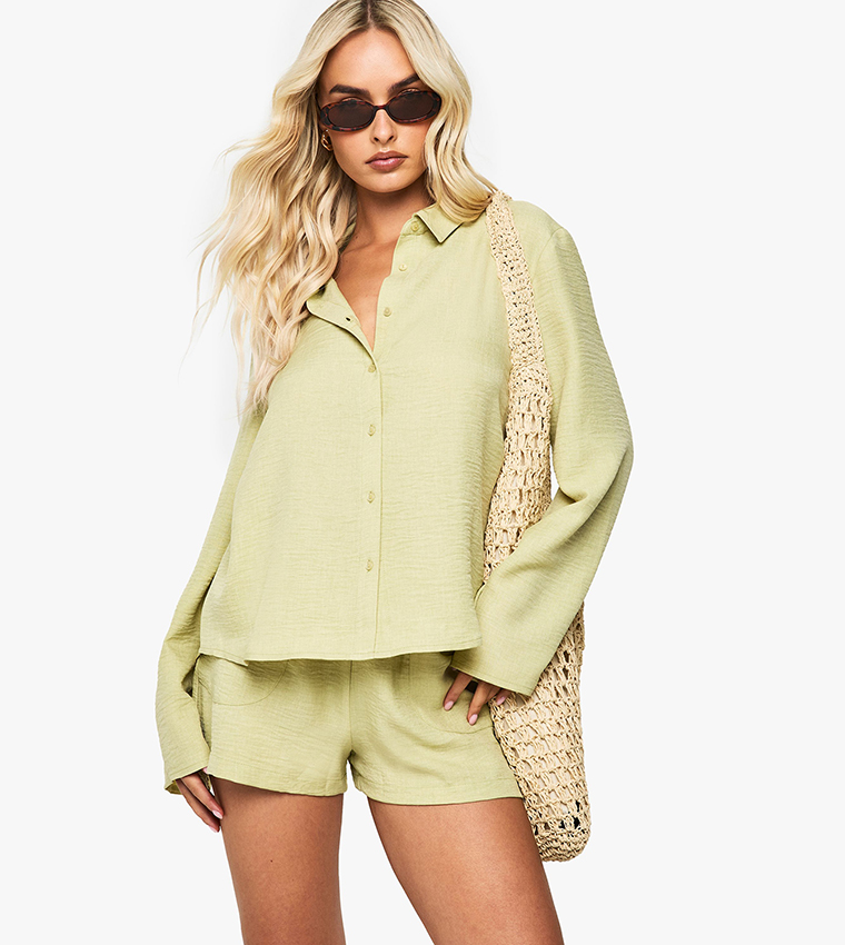 Linen Look Wide Cuff Relaxed Fit Shirt