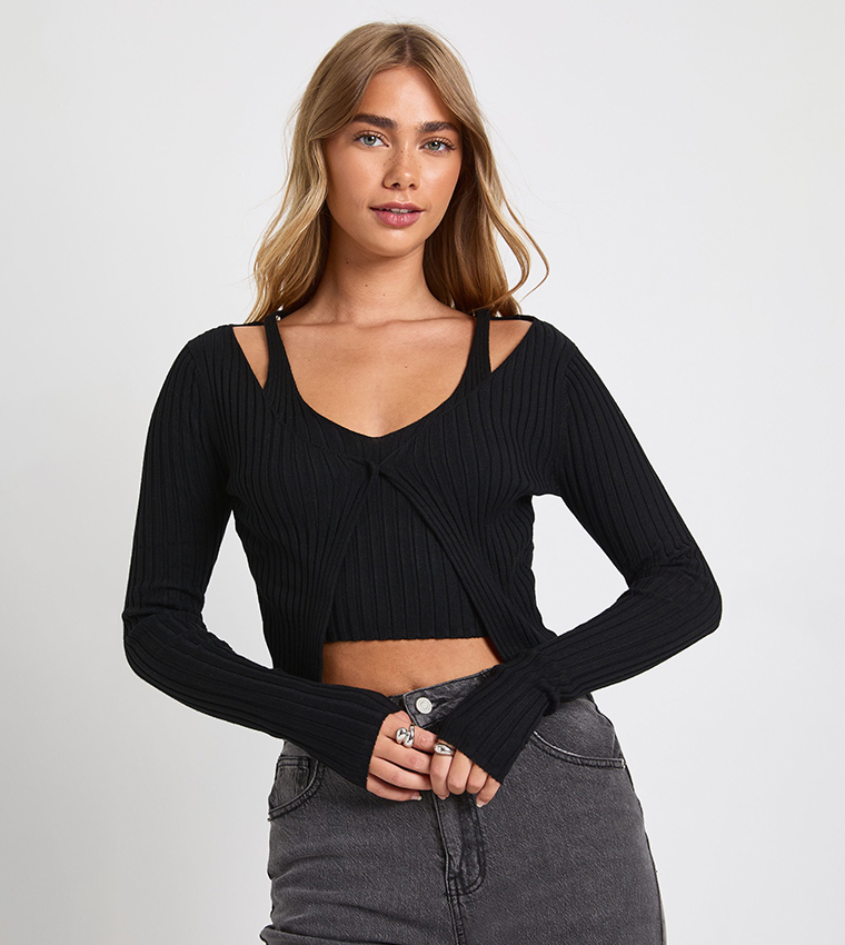 Layered Crop Top and Knit Cardigan