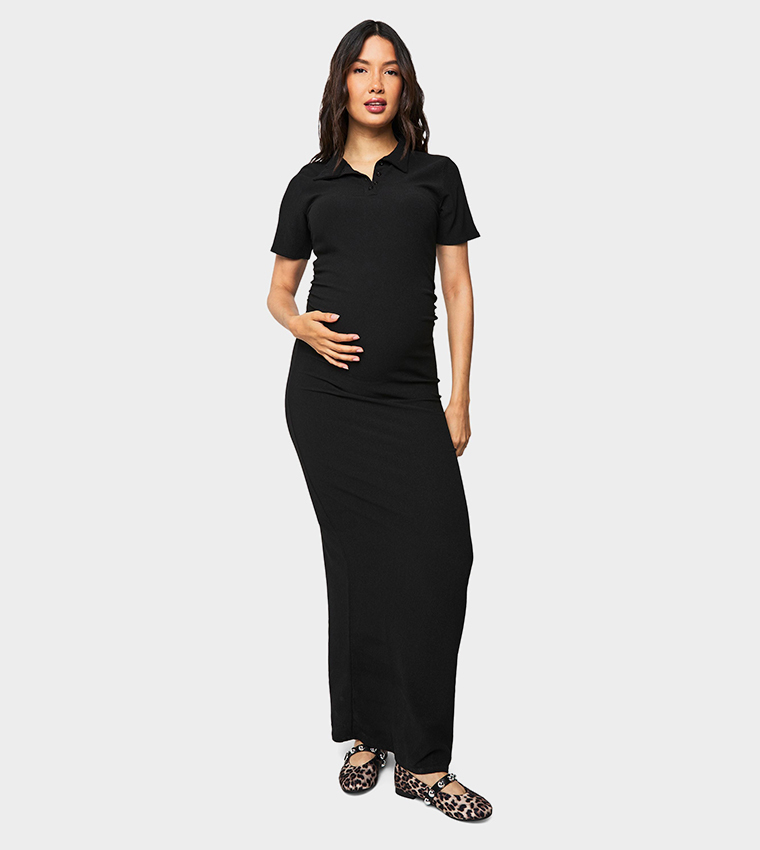 Textured Button Detail Maternity Maxi Dress