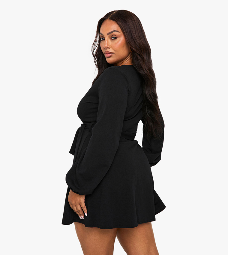 Curve Wrap Tie Belt Skater Mini Dress
