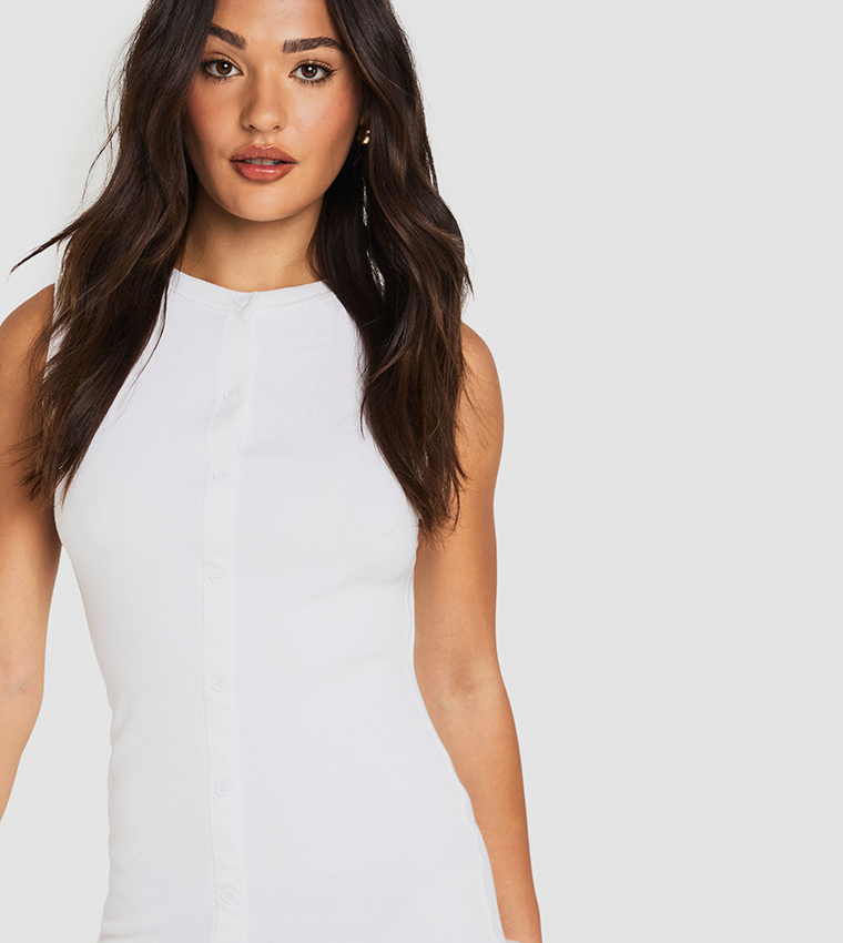 Petite Ribbed Button Down Shift Dress