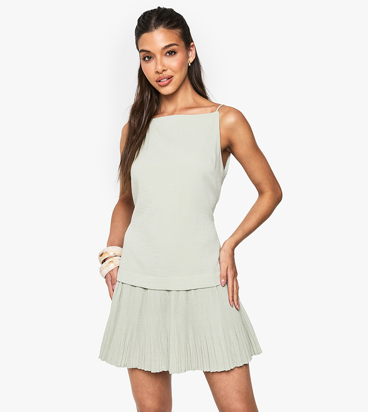 Strappy Linen Look Pleat Detail Mini Dress