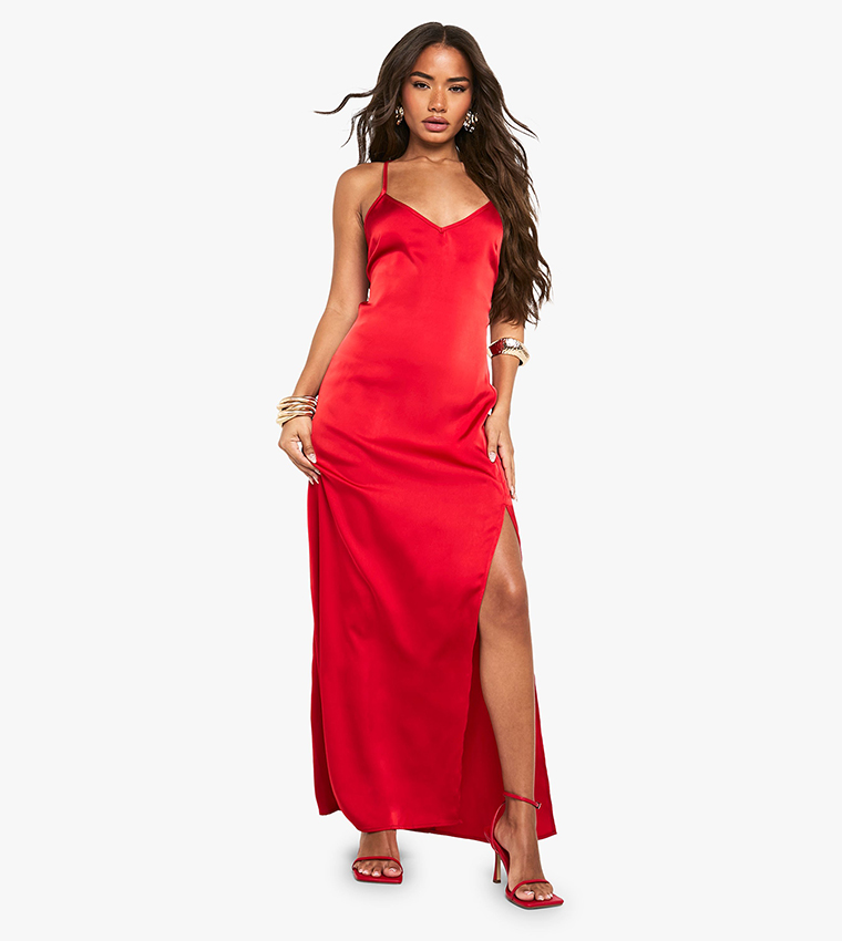 Buy Boohoo Satin Plunge Neck Slit Leg Maxi Dress In Red