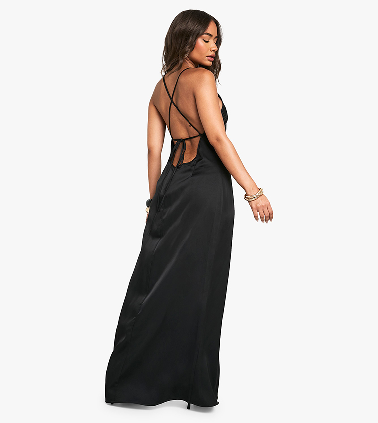 Satin Plunge Neck Slit Leg Maxi Dress