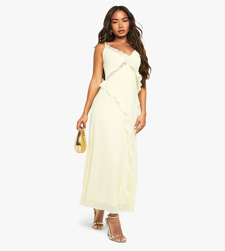 Chiffon Lace Detail Ruffled Midaxi Dress