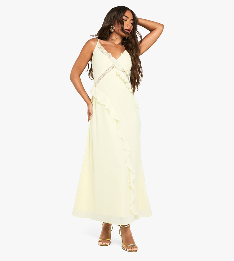 Chiffon Lace Detail Ruffled Midaxi Dress