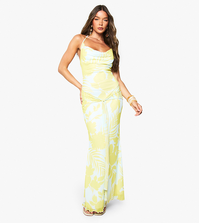 Cowl Neck Tie Front Printed Maxi Dress