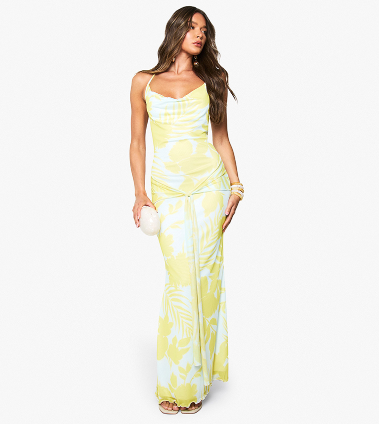 Cowl Neck Tie Front Printed Maxi Dress