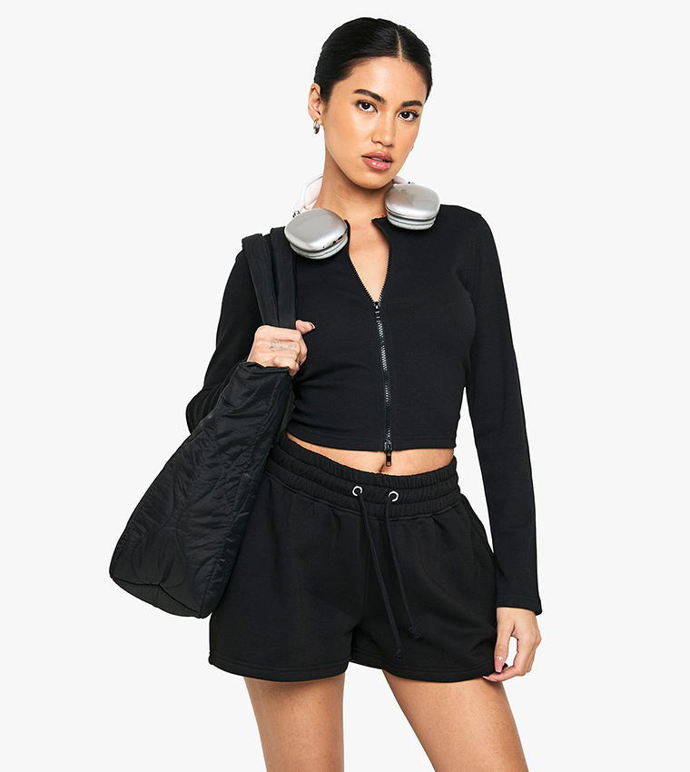Double Zip Long Sleeves Rib Top and Short Tracksuit Set
