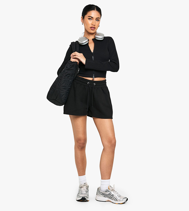 Double Zip Long Sleeves Rib Top and Short Tracksuit Set